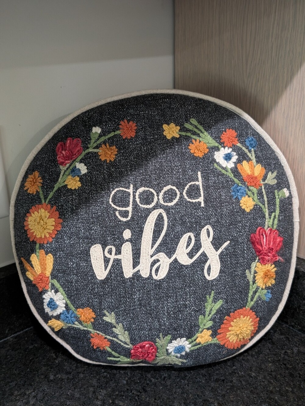 Cost Plus World Market Cream and Dark Gray Decorative Pillow GOOD VIBES
